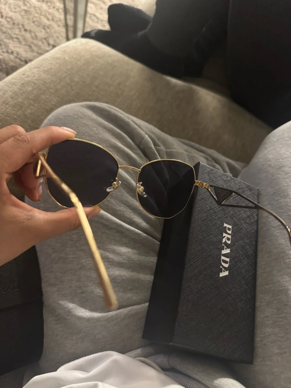 Prada Gold Frame Black Lens Women's Sunglasses - Designer Triangle Accent - Picture 4 of 6